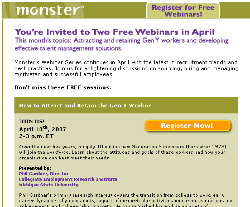 Monster.com webinar series email